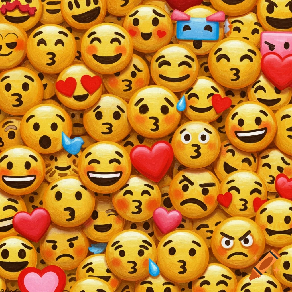 Close-up pattern of various yellow face emojis with different expressions, hearts, and other symbols.