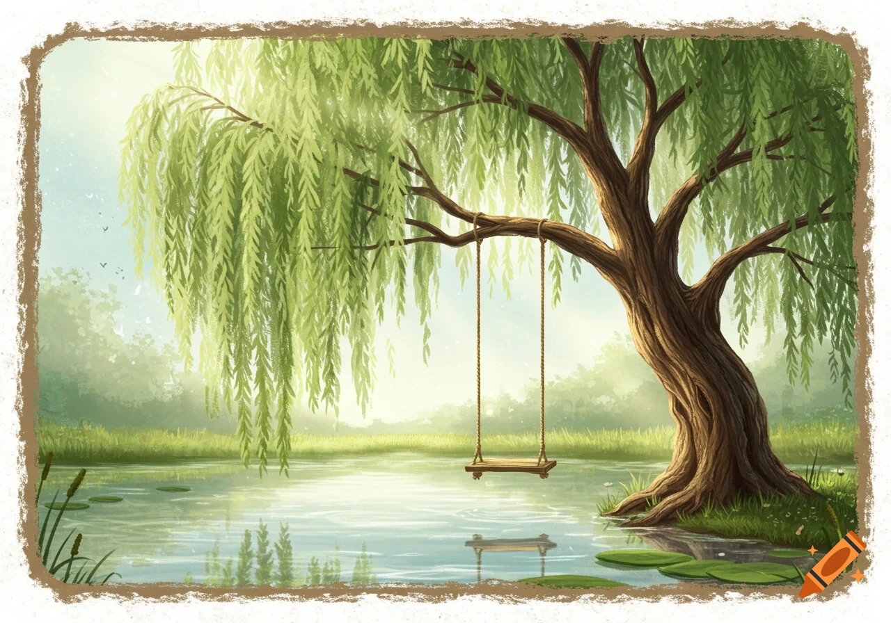 Painterly scene of a swing hanging from a willow tree over calm water with lily pads.