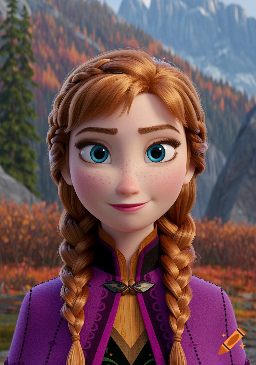Close-up portrait of Anna from Frozen in her purple outfit with a fall ...