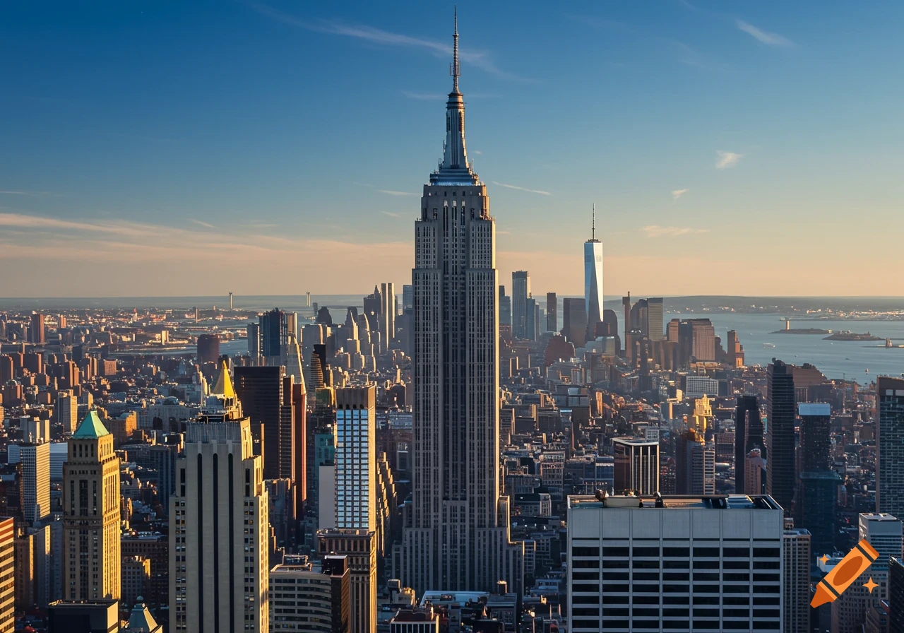 Photorealistic view of the Empire State Building dominating the New York City skyline at golden hour.