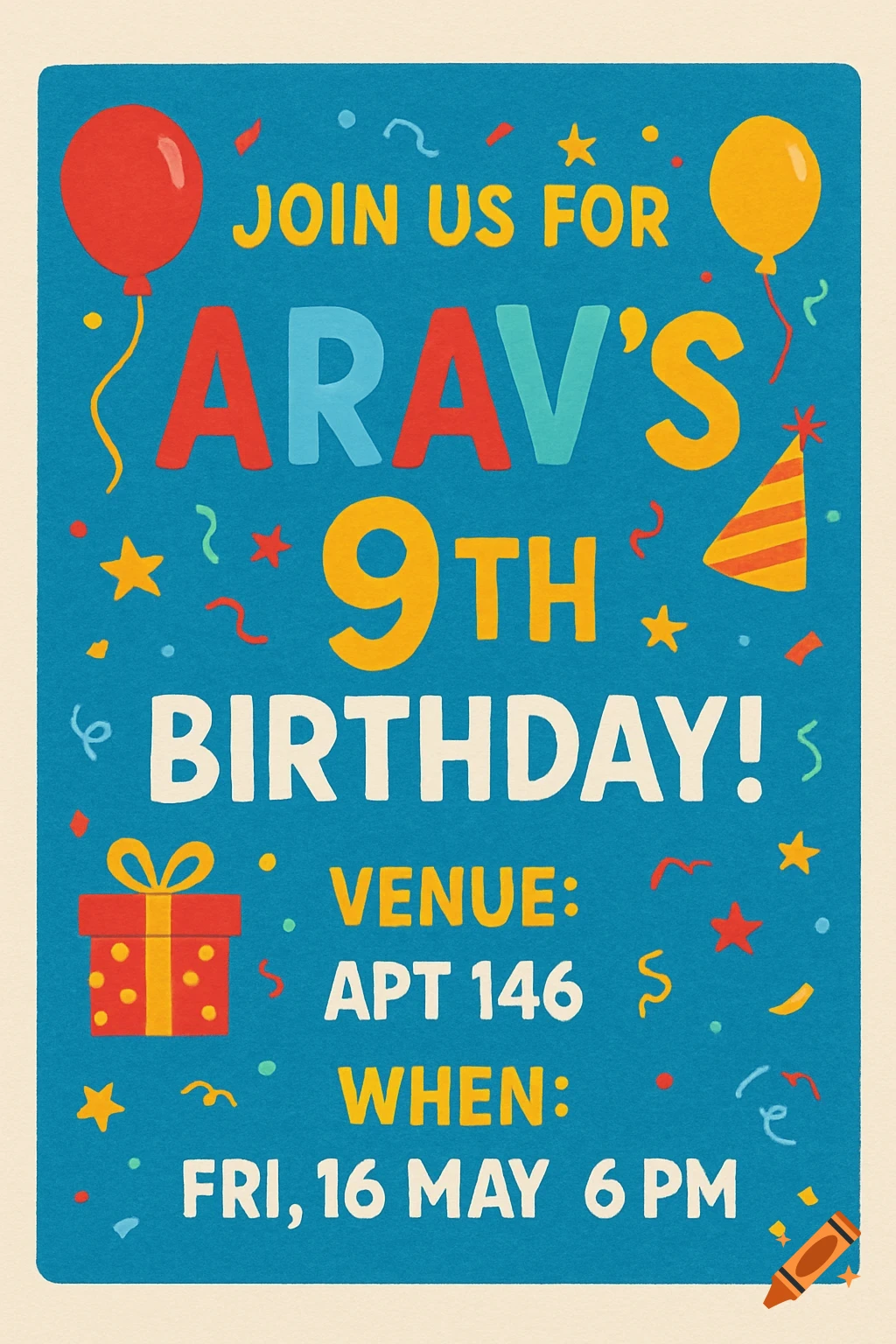 Colorful kids' birthday invitation card with balloons, confetti, gift, party hat, and party details.