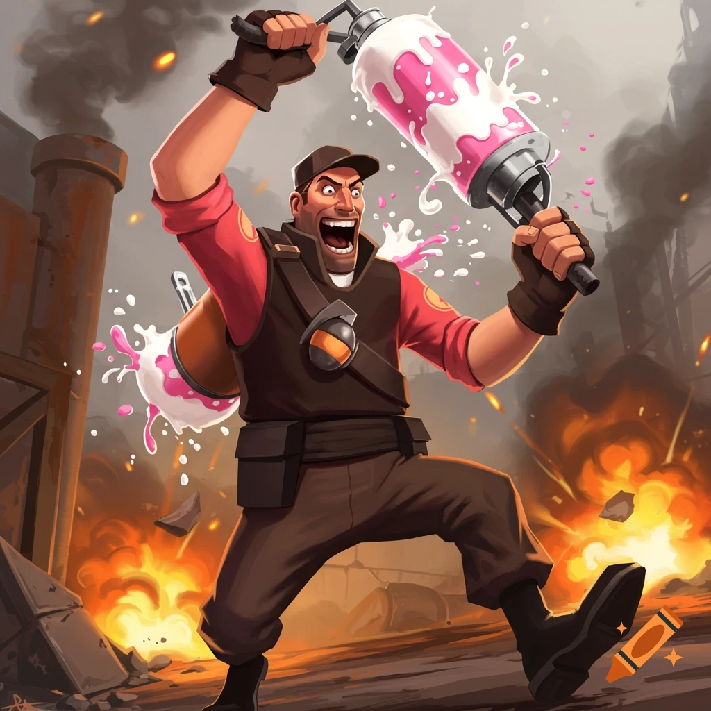 Cartoon image of the TF2 Scout character holding a splattering canister amidst explosions and debris.