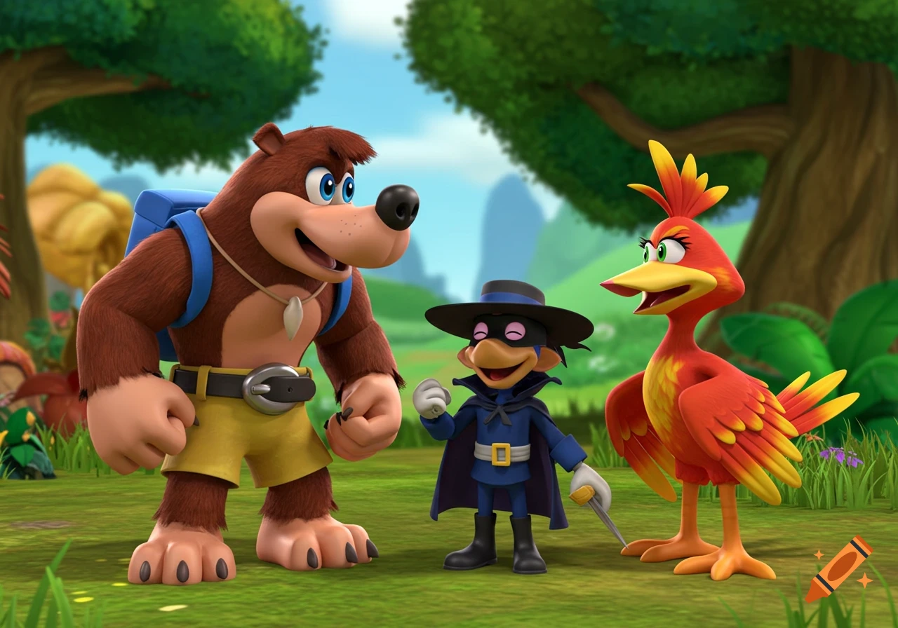 Banjo the bear, Kazooie the bird, and a Jinjo in a Zorro costume stand in a forest clearing, 3D animated style.