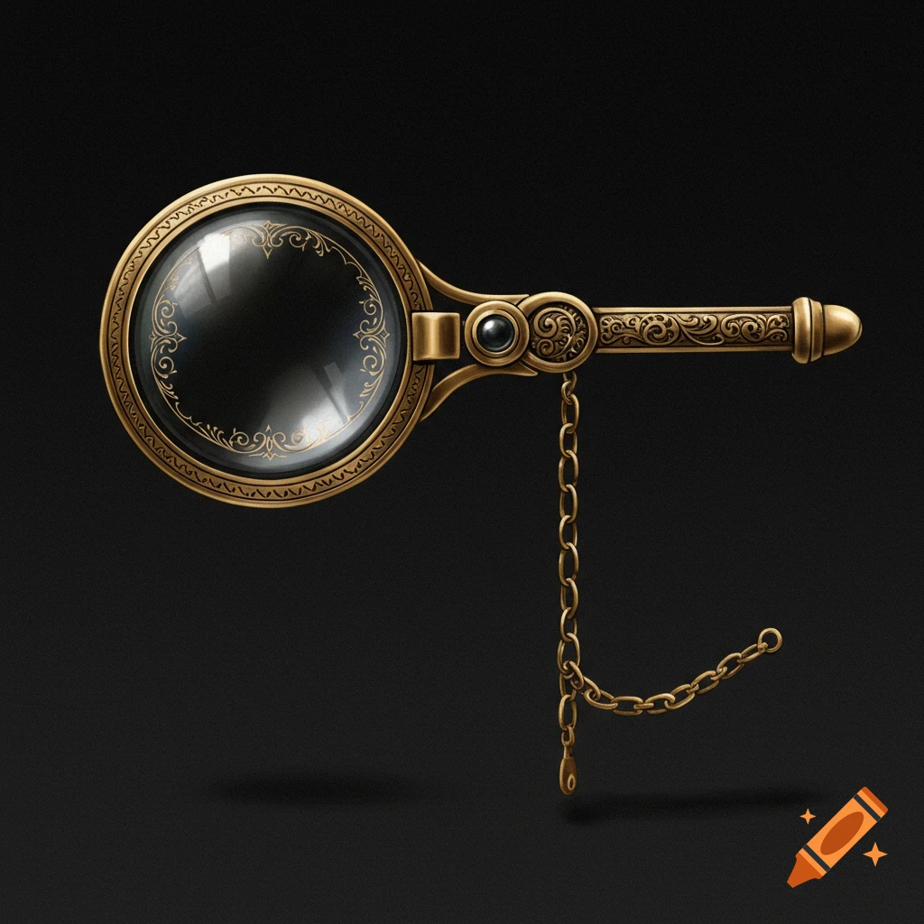 A detailed brass monacle with ornate patterns and a chain, centered on a dark background.
