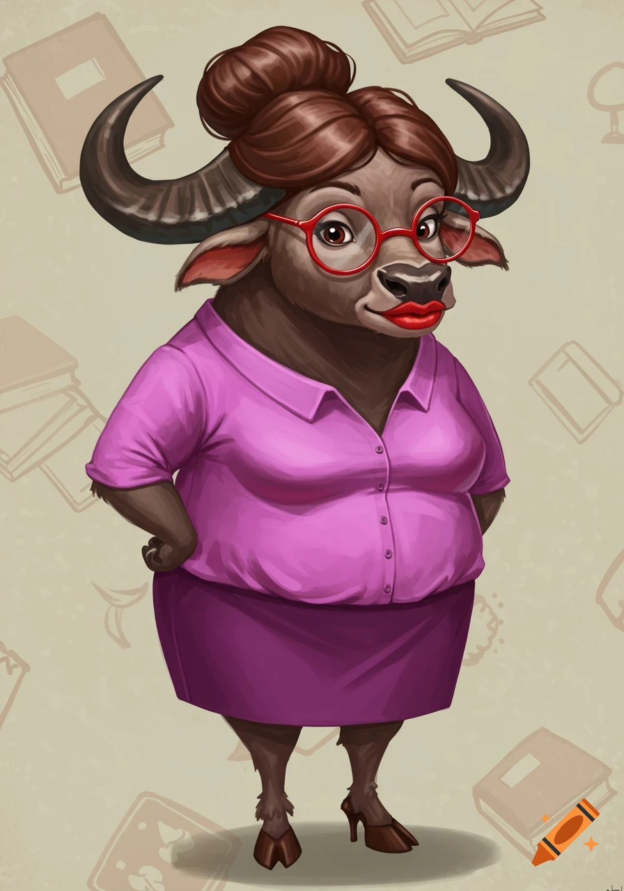 Cartoon illustration of a female buffalo teacher wearing glasses, a purple shirt and skirt, and high heels.