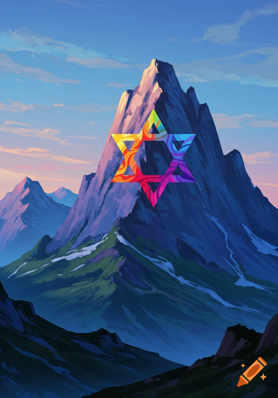 Artistic landscape illustration with a tall mountain and a colorful Star of David symbol in the sky.