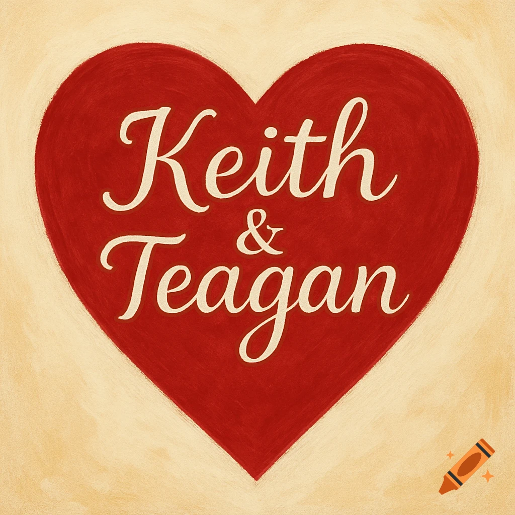 A red heart with the names Keith & Teagan written inside on a textured light background.