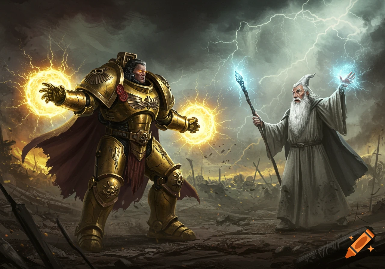 Golden armored warrior battles white robed wizard with magic in a storm on a battlefield.