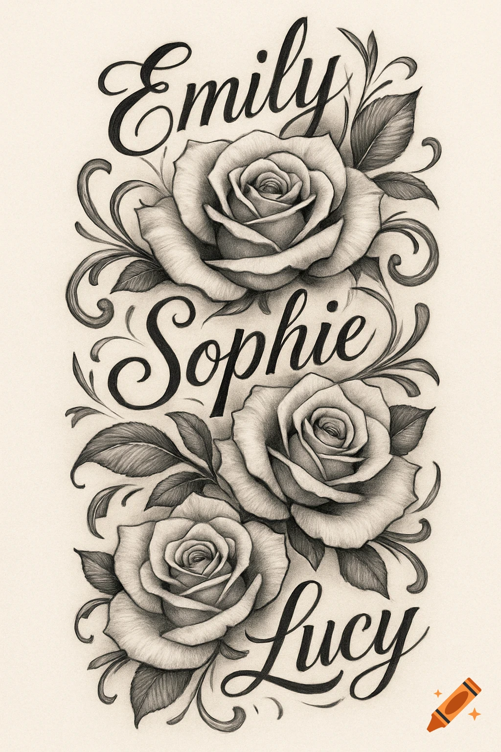 Black and white drawing of three roses with the names Emily, Sophie, and Lucy.
