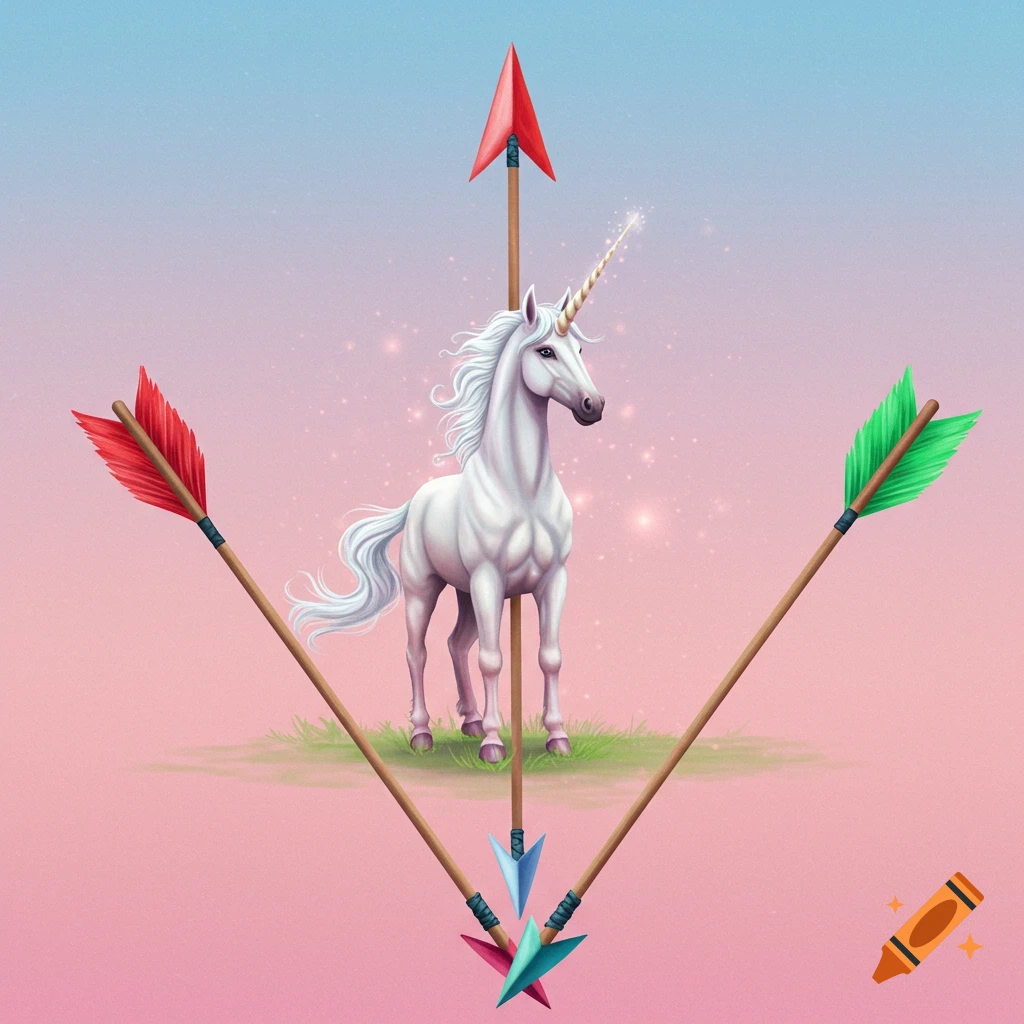 A white unicorn stands centered with three arrows pointing towards it.