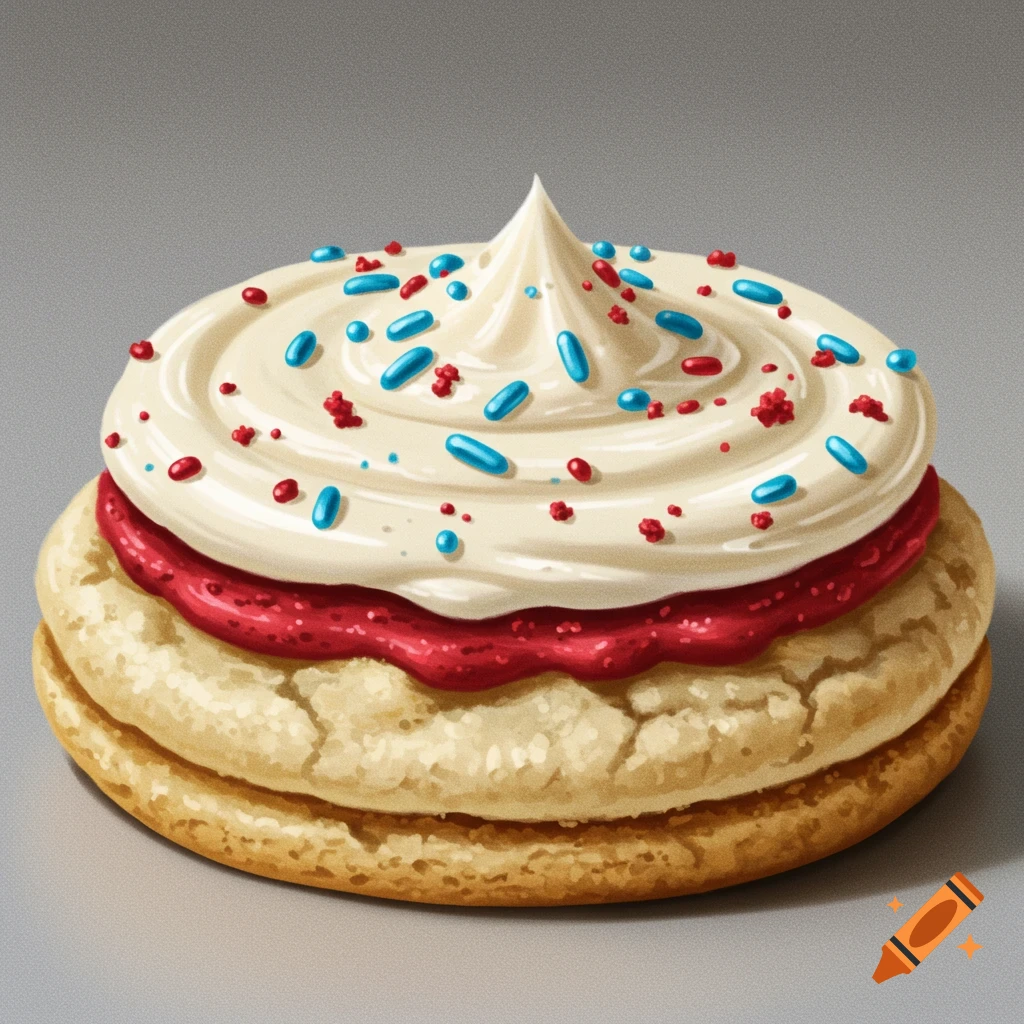 A cookie with white frosting, red filling, and red and blue sprinkles on a gray background.