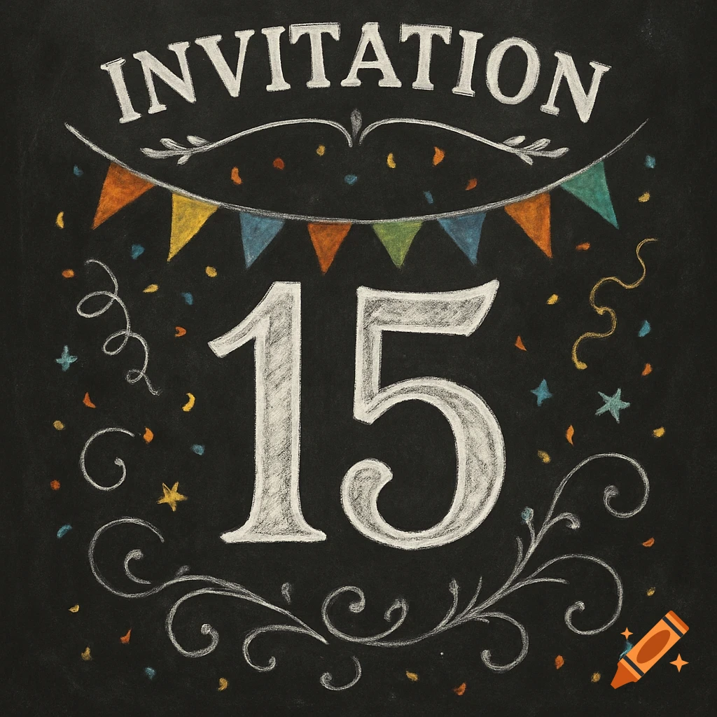 Chalkboard drawing of an invitation with colorful banner, confetti, and the text "INVITATION 15".