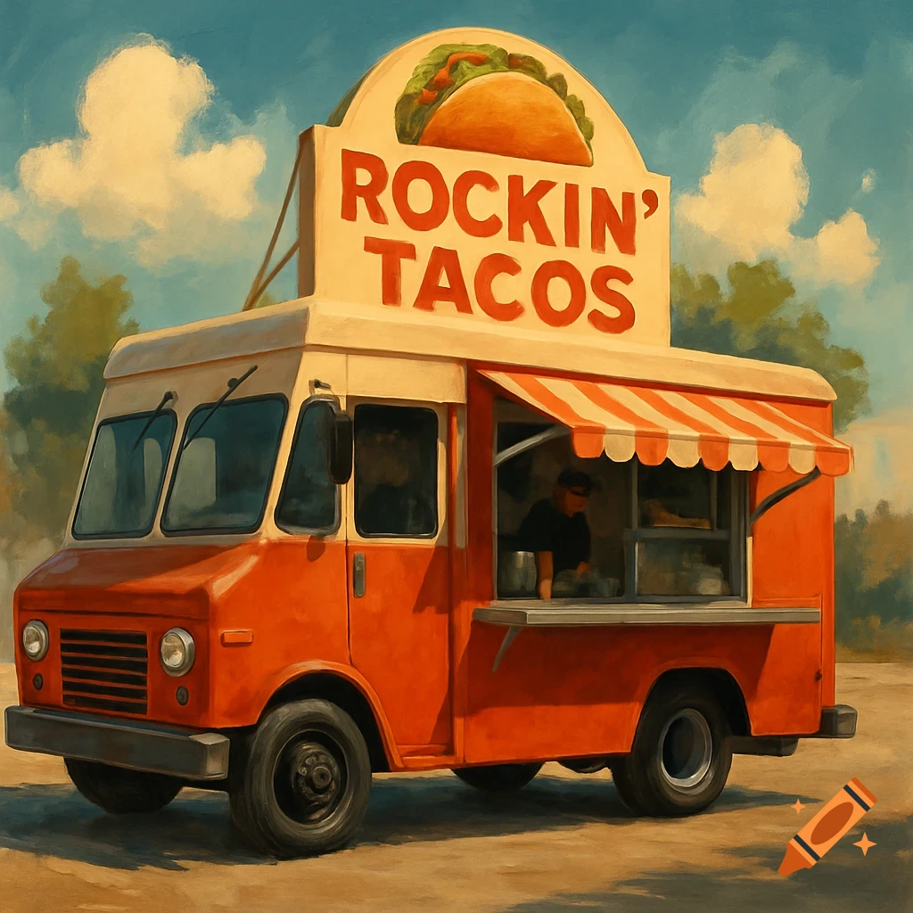 A painterly illustration of an orange taco truck with a sign reading Rockin' Tacos.