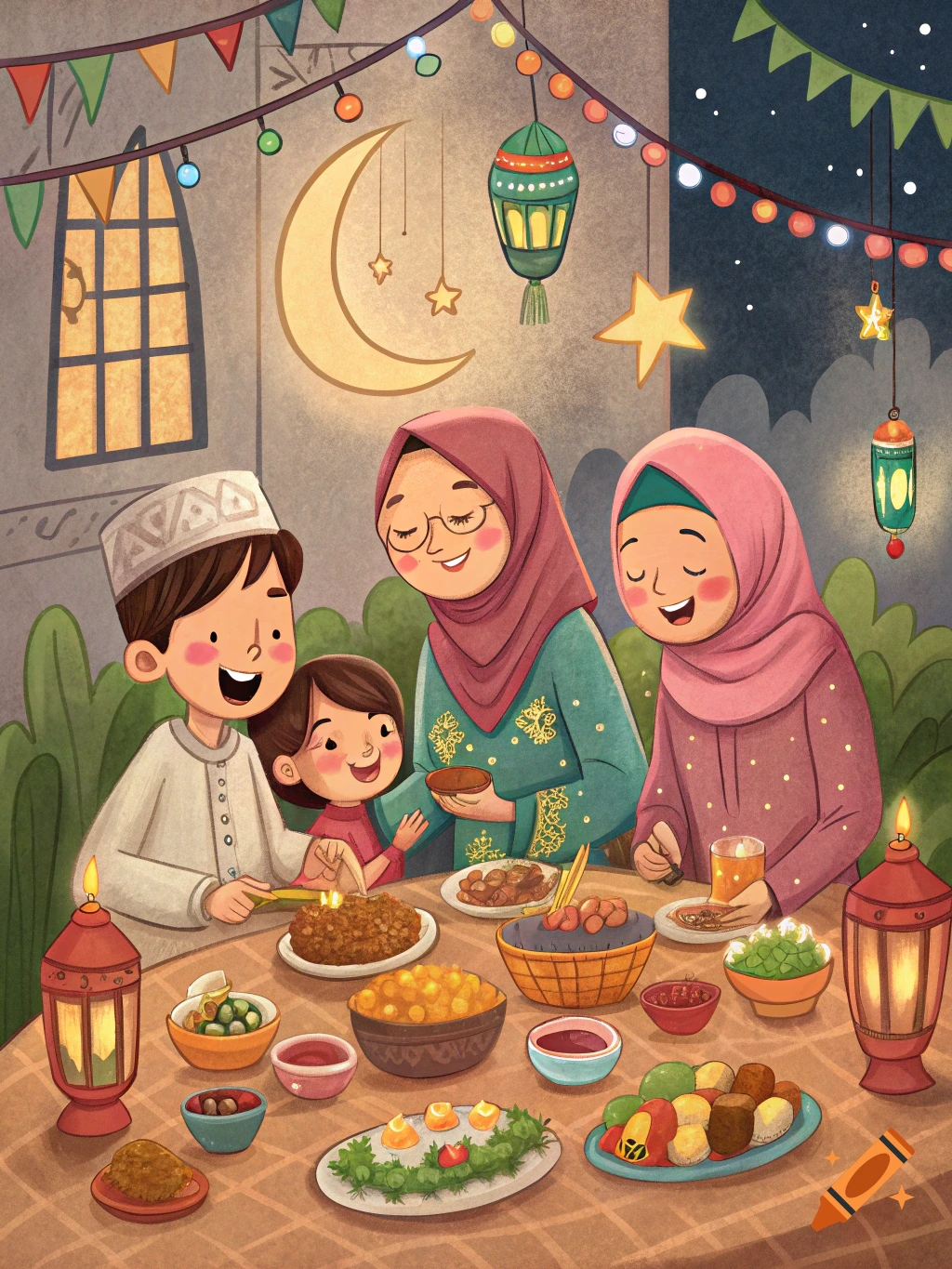 Cartoon illustration of a family having a celebratory meal together under lanterns and a crescent moon.