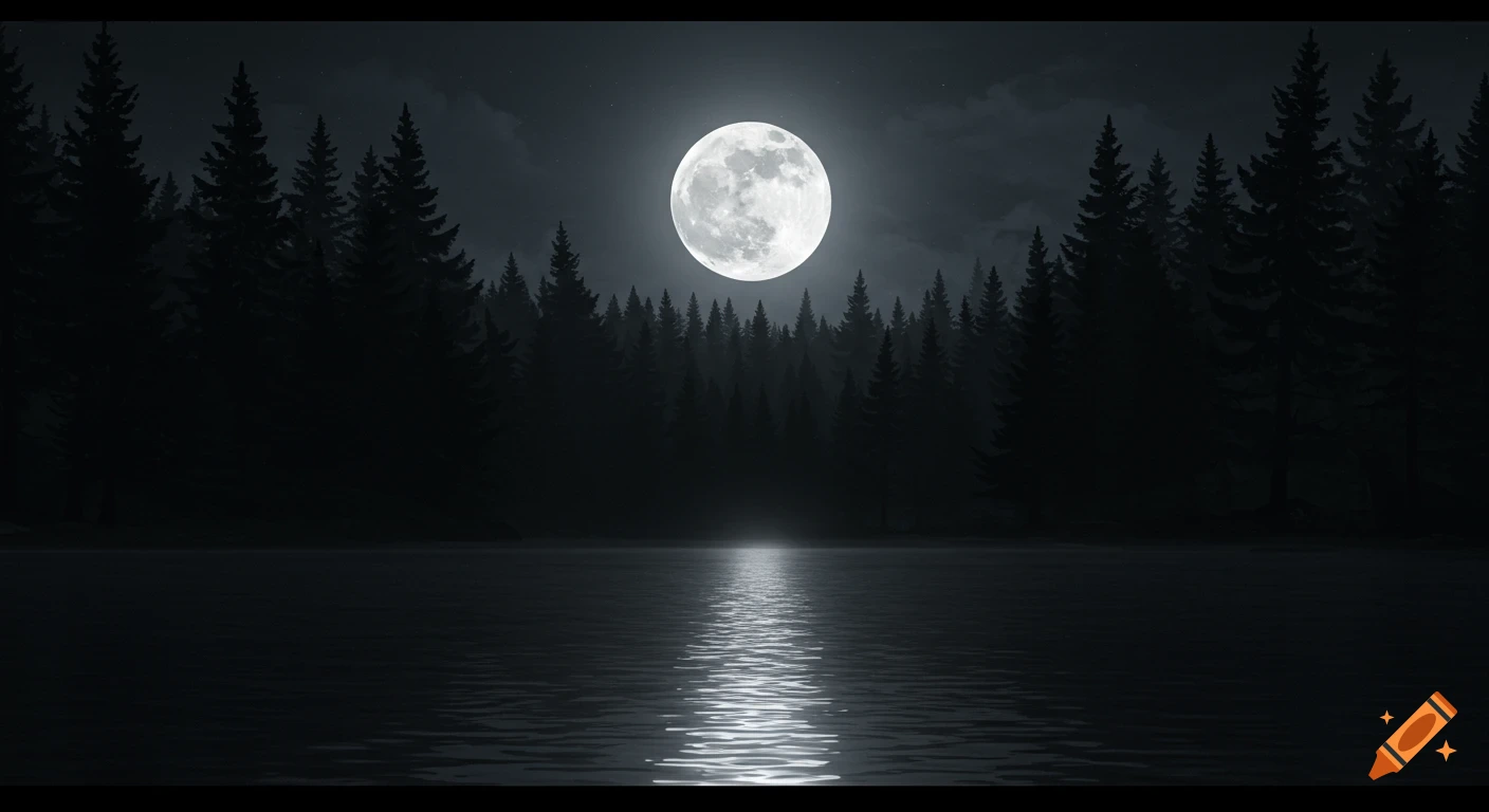 A lake reflects the light of a full moon surrounded by dark pine trees at night.
