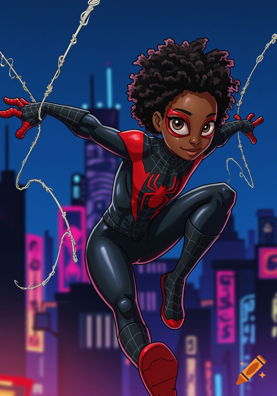 Cartoon girl in a black and red superhero suit swinging on a web.