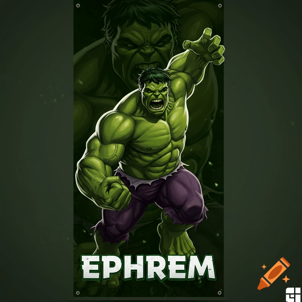 Cartoon illustration of the Hulk in an aggressive pose on a dark green banner with the name EPHREM.