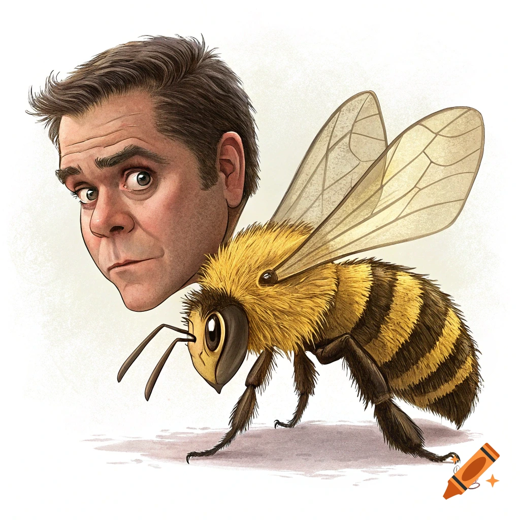 A caricature of a man's head on a bee's body in an illustrated style.