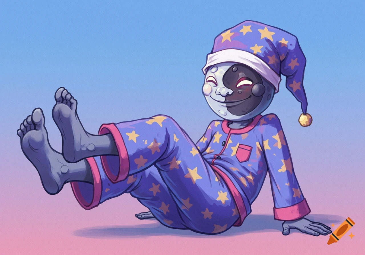 Cartoon moon-faced character in star pajamas and cap sitting with feet raised.