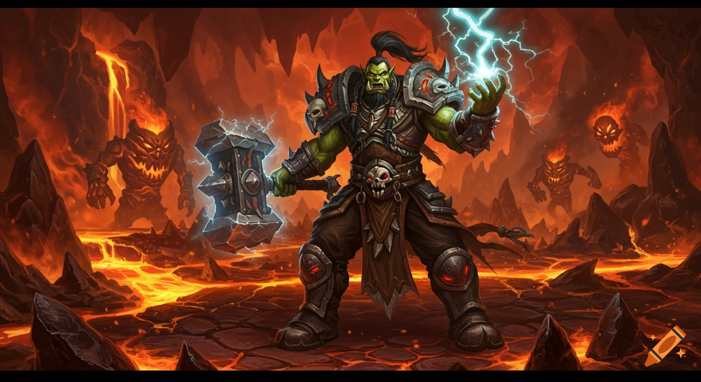 Orc shaman casting lightning, holding a warhammer, in a lava pit with fiery monsters.