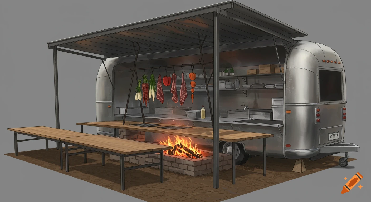 Digital illustration of a silver Airstream trailer converted into an outdoor kitchen with a fire pit, hanging food, and tables.