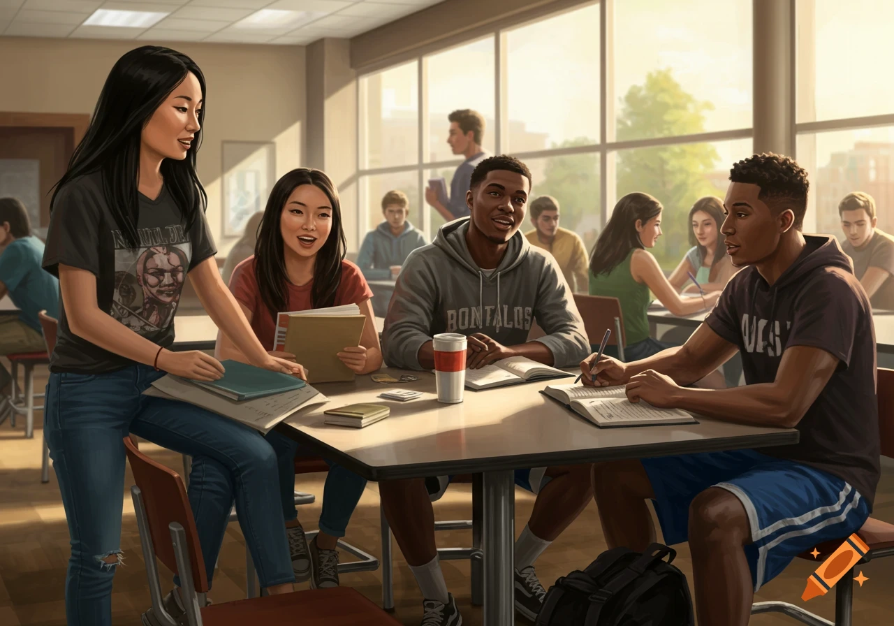 College students studying together at a table in a classroom, digital painting style.