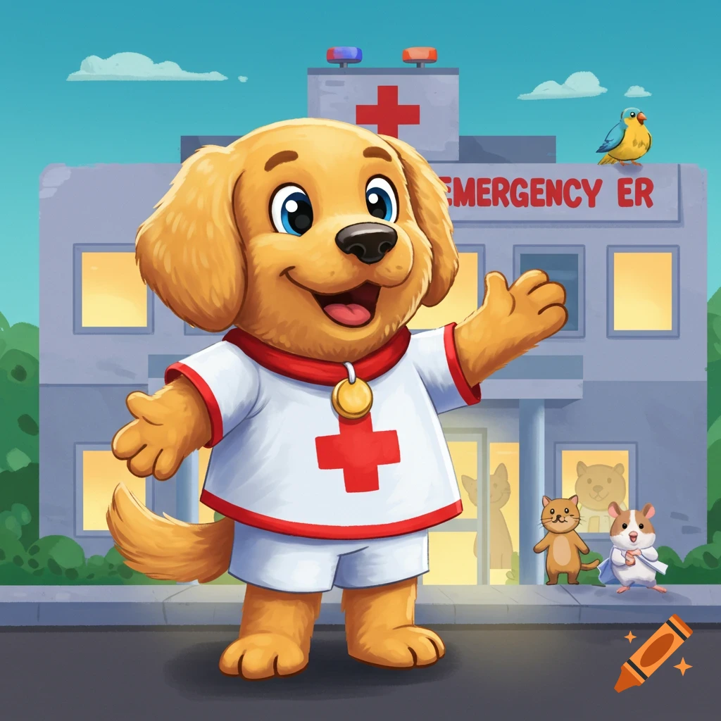 Cartoon golden retriever dog wearing a doctor's shirt in front of a veterinary emergency room with other animals.