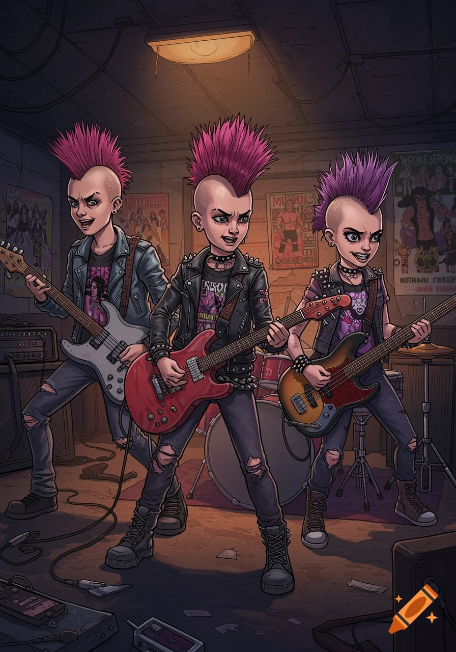 Three cartoonish siblings with mohawks playing guitars and bass in a basement band practice space.