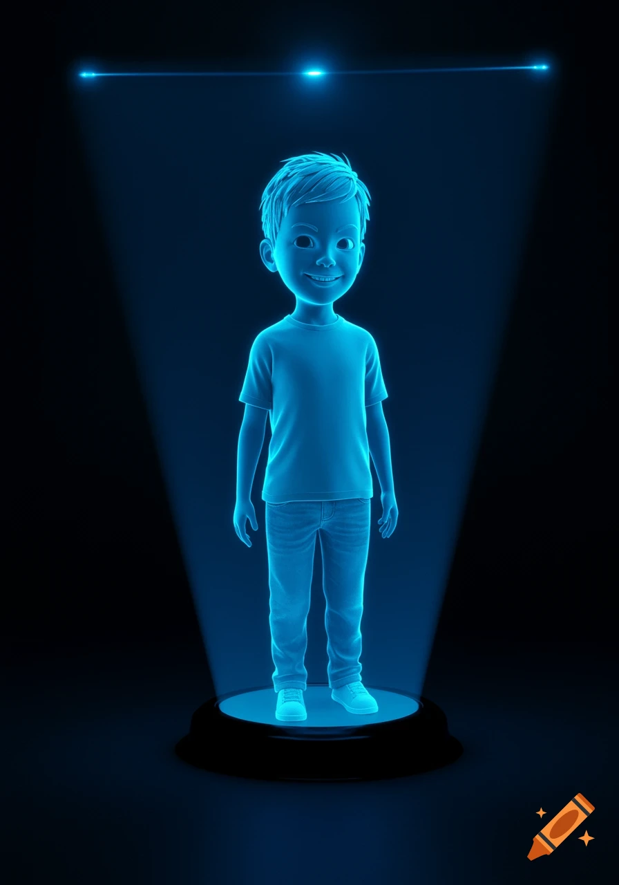 A blue hologram of a young boy smiling and standing on a platform.