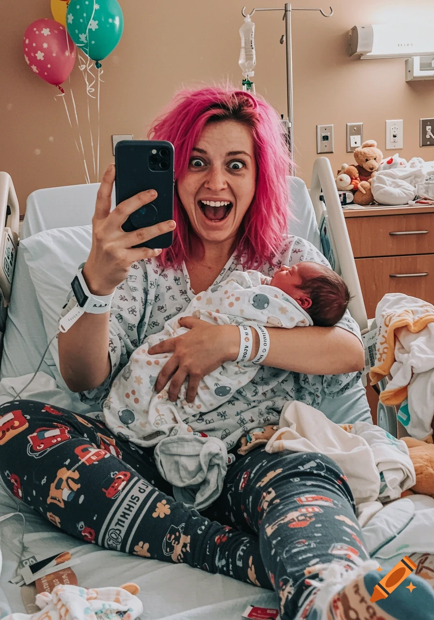 Woman with pink hair taking a selfie with her newborn baby in a hospital bed, looking excited.