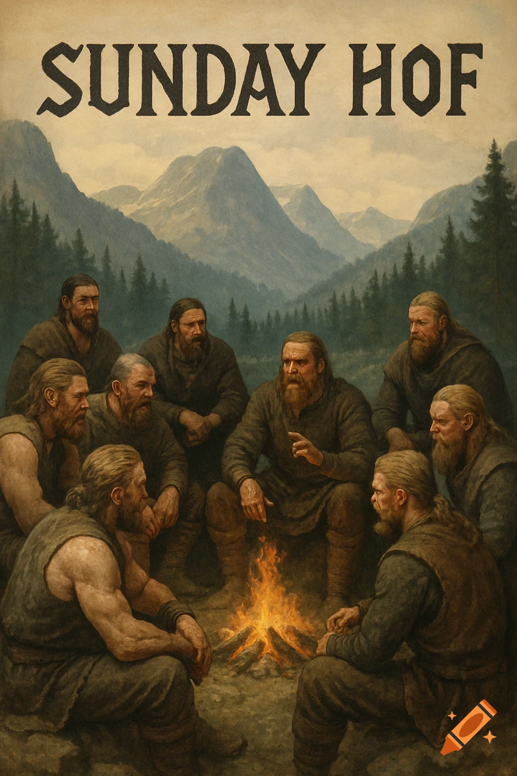 Painting of bearded men around campfire in mountains with 'SUNDAY HOF' text.
