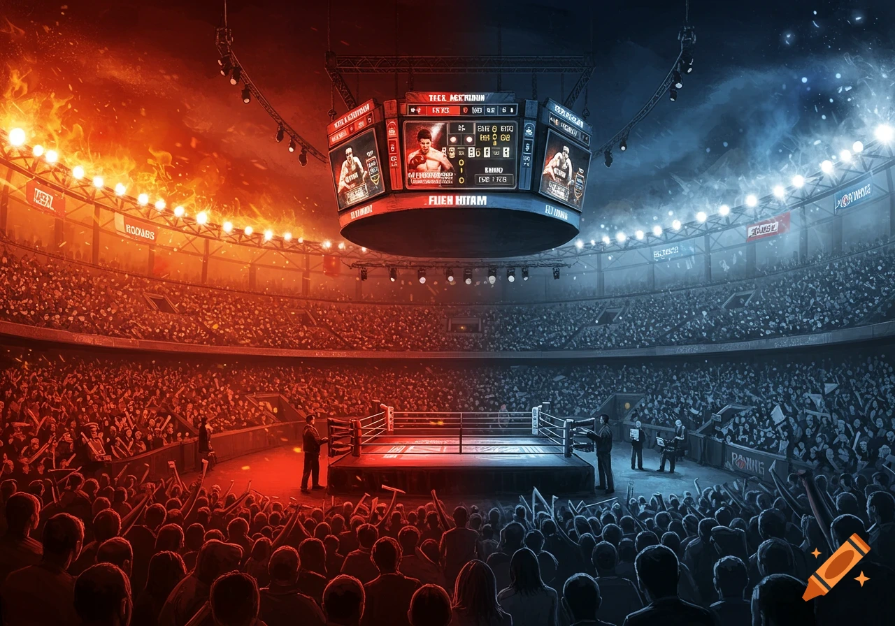 A boxing stadium split down the middle by red and blue lighting with a large crowd and scoreboard.