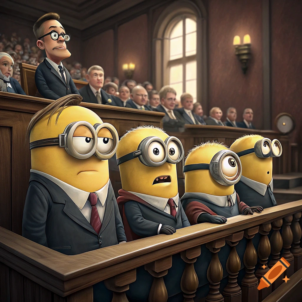 Minions in suits sitting in a courtroom with a lawyer addressing them ...