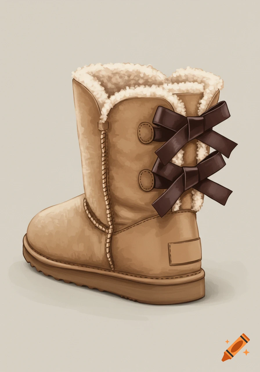 A single light brown winter boot with fuzzy lining and dark brown bows on the back.