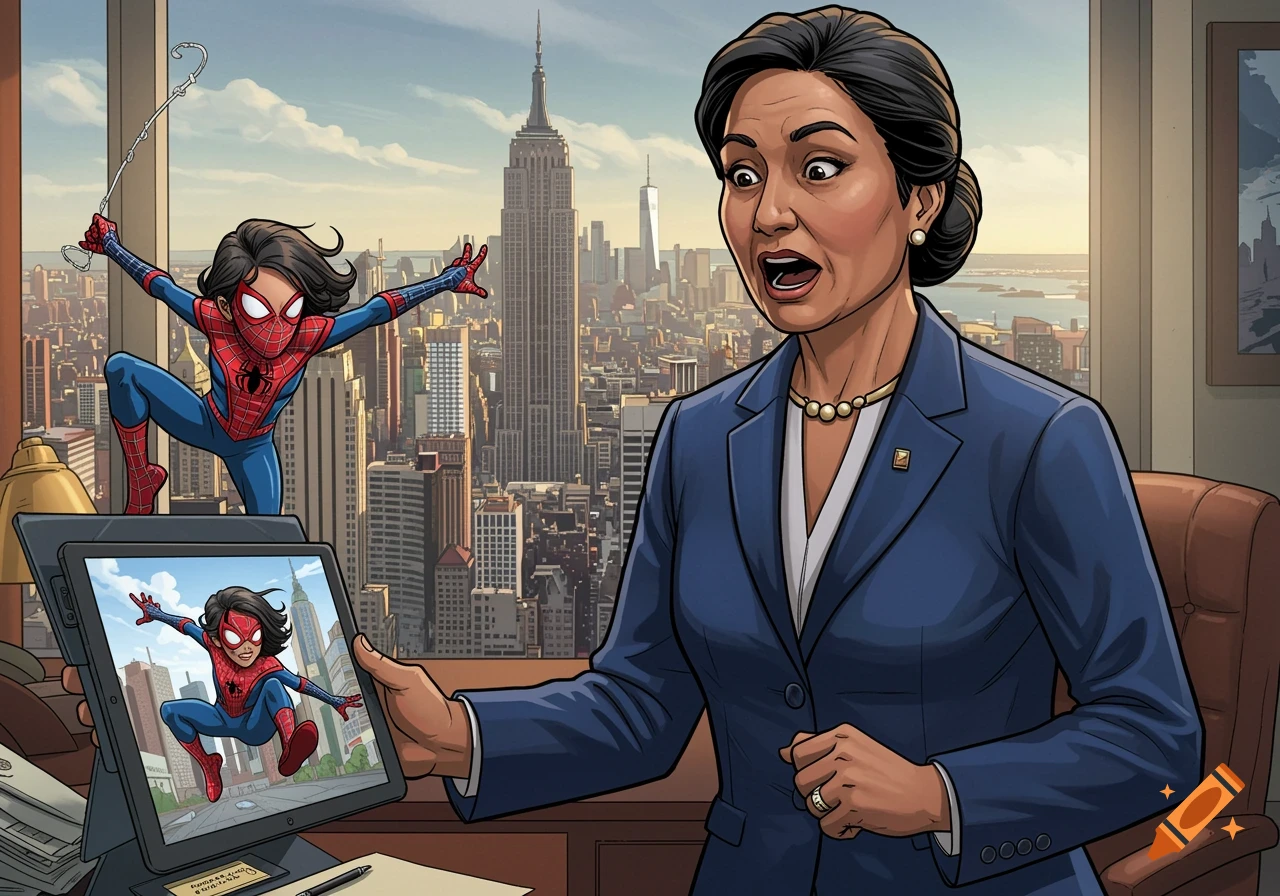 Comic style illustration of a woman looking surprised in an office overlooking NYC, holding a tablet showing a Spider-Woman, while another Spider-Woman swings nearby.