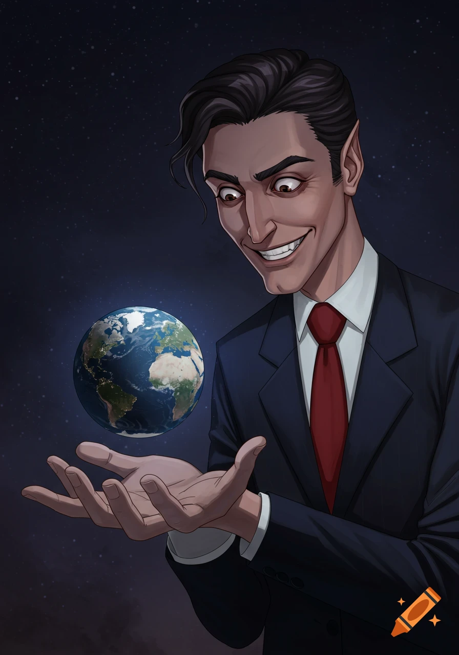 A stylized evil man in a suit holds the Earth in his hands against a starry background.