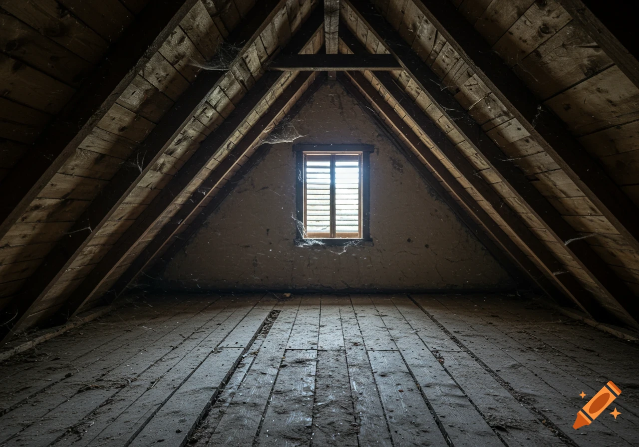 Interior view of a dusty attic with wooden beams and floorboards, a window letting in light at the far end.