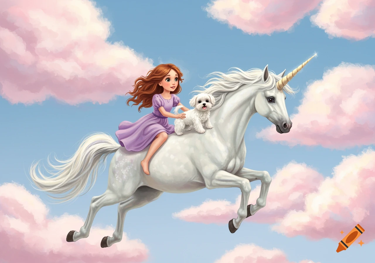 Illustration of a girl and a white dog riding a flying unicorn through pink clouds.