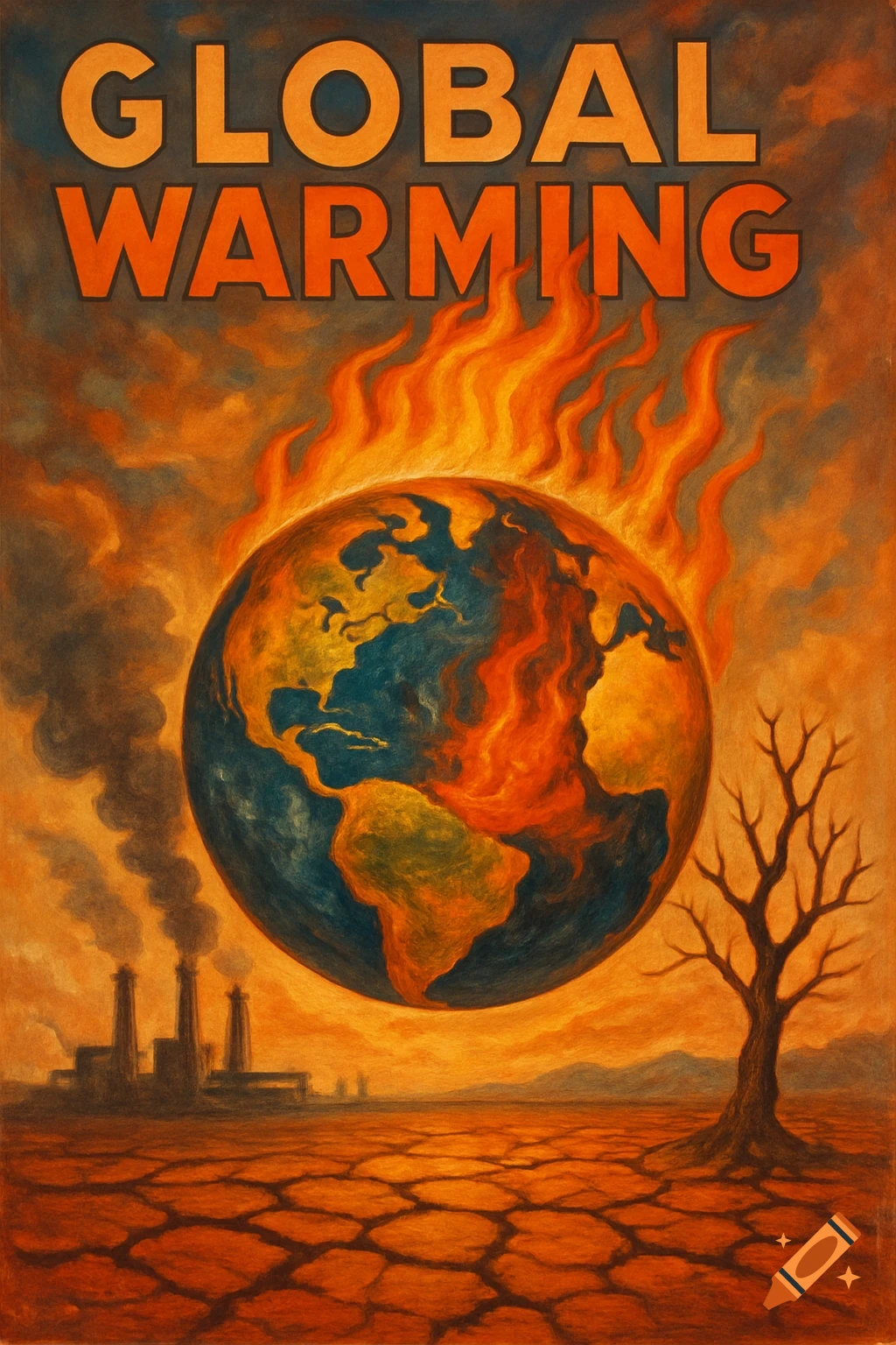 Illustrative poster depicting global warming with a burning Earth, polluting factories, and cracked earth. Text reads 'GLOBAL WARMING'.