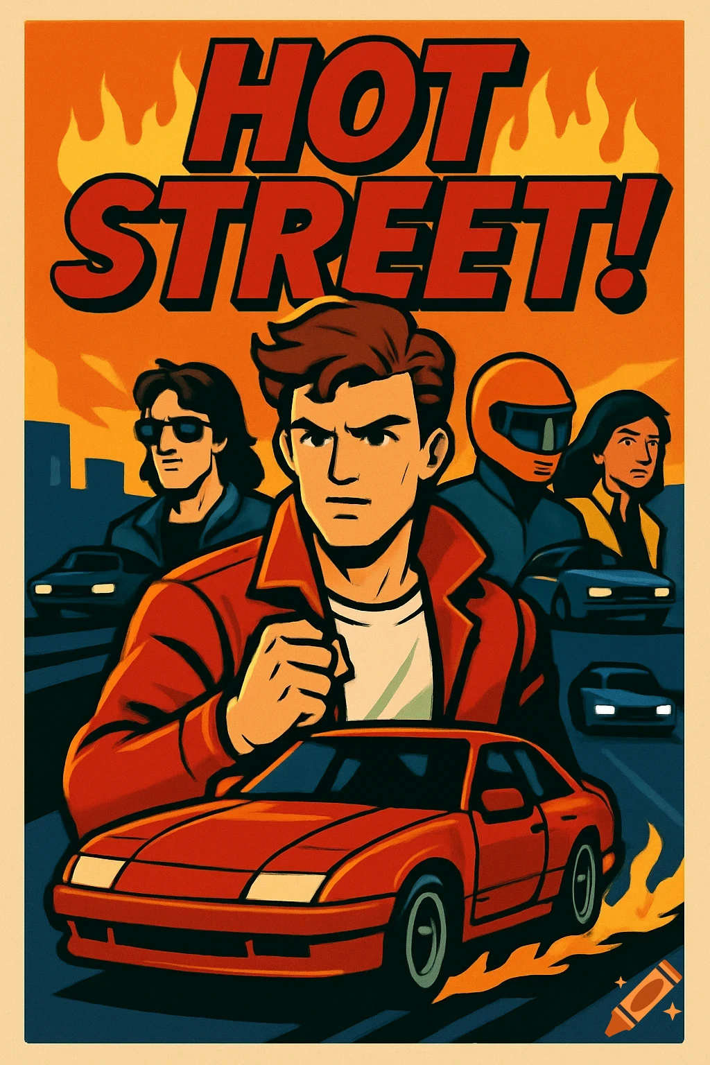 Retro poster for "Hot Street!" featuring stylized characters and a red car.