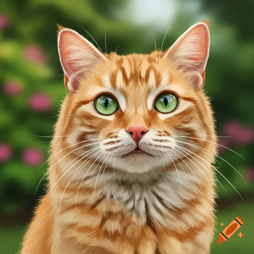 Portrait of an orange tabby cat with striking green eyes against a soft ...