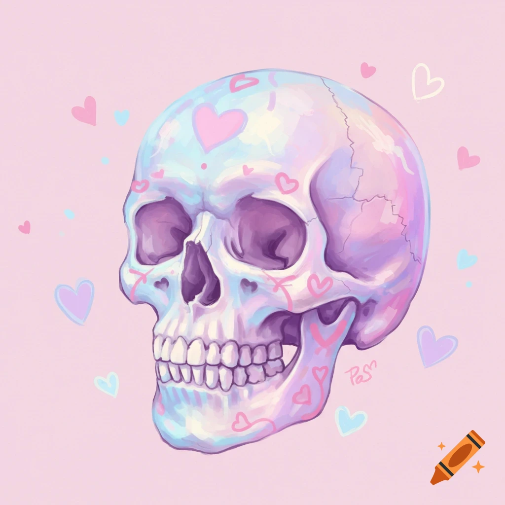 Pastel skull decorated with pink and blue hearts on a pink background