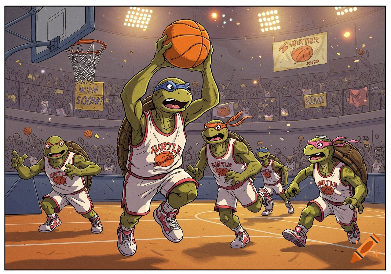 Cartoon turtles playing basketball in a stadium, one shooting