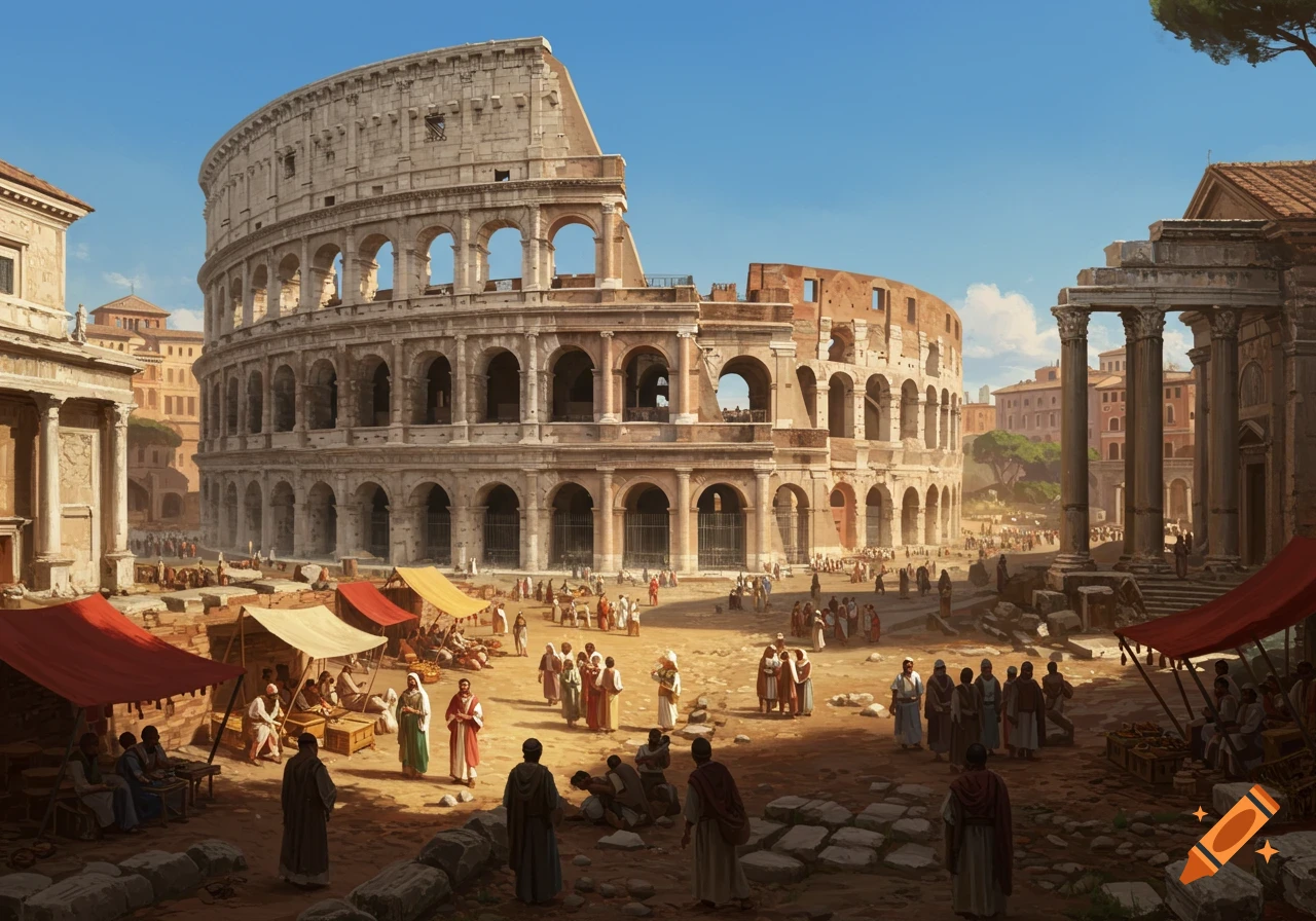 A bustling market in front of the Colosseum in ancient Rome.