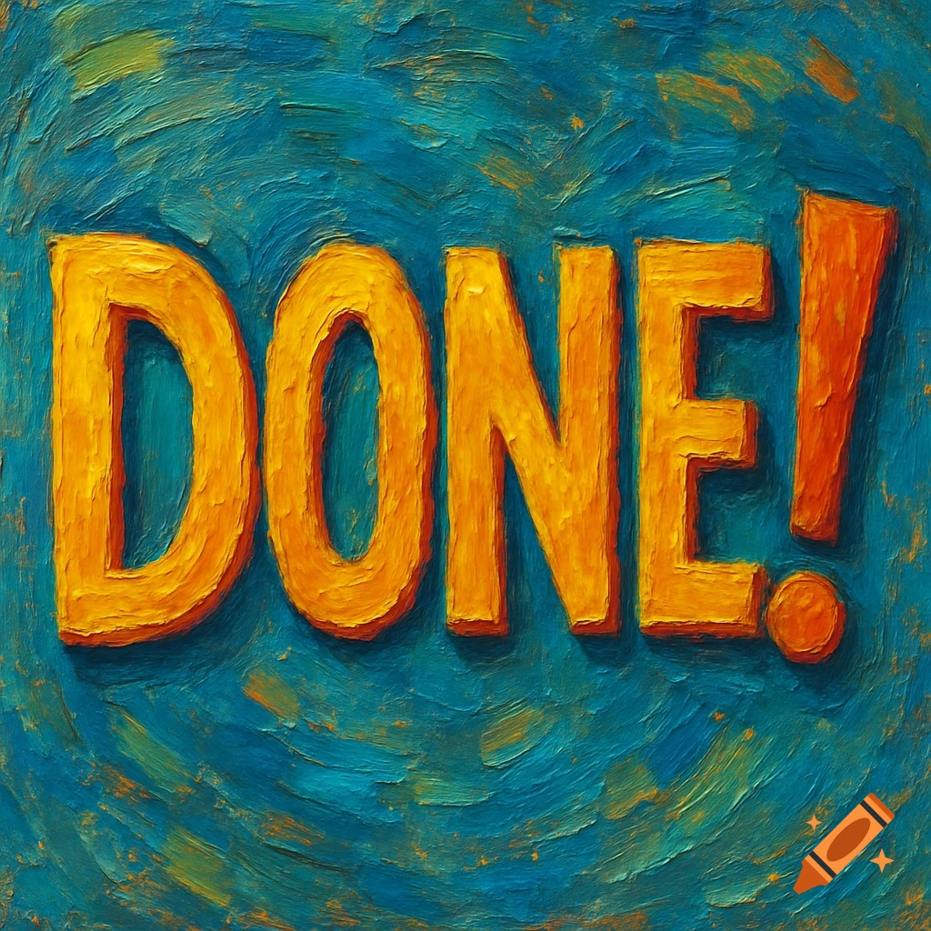 The word DONE! in orange textured paint on a blue background.