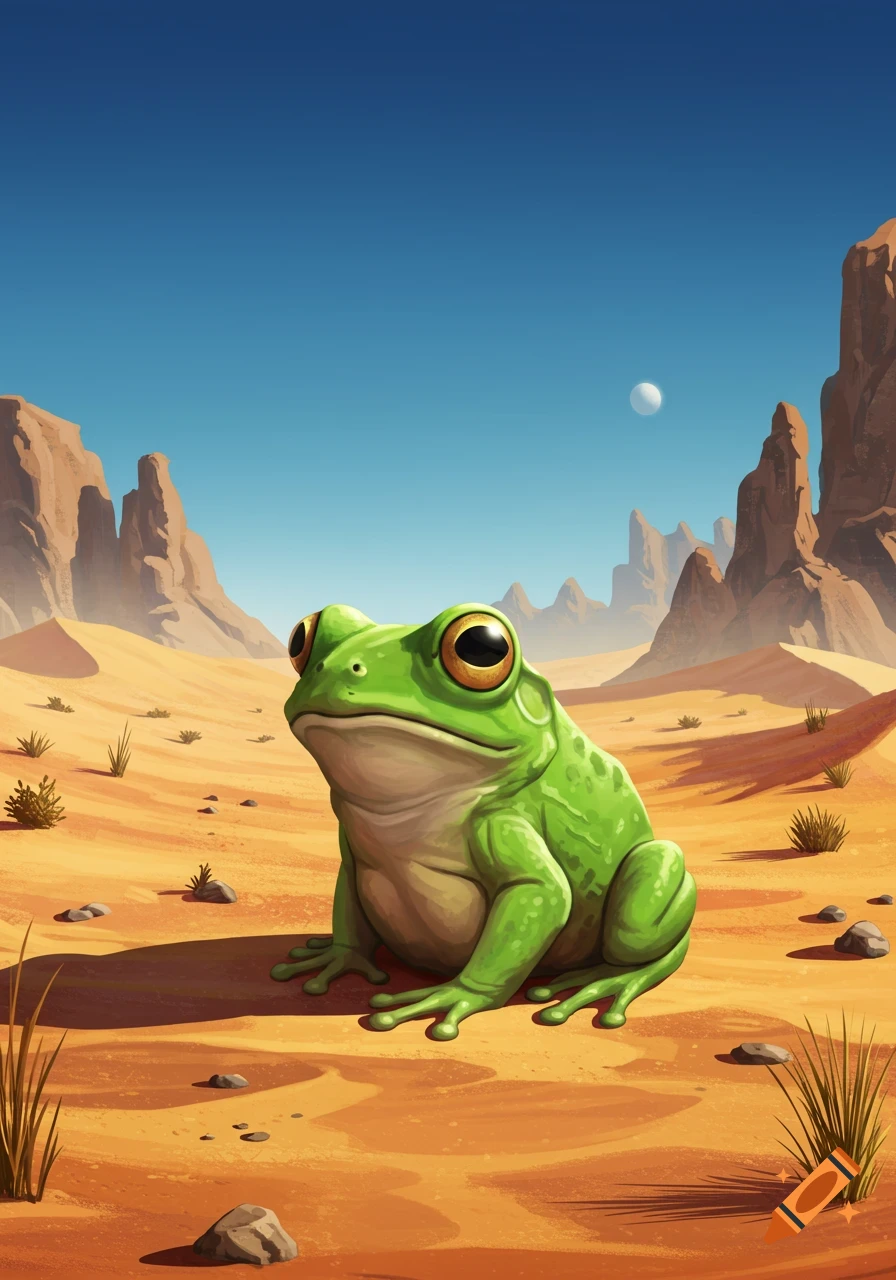 A green frog sits in a sunny desert landscape with rock formations.