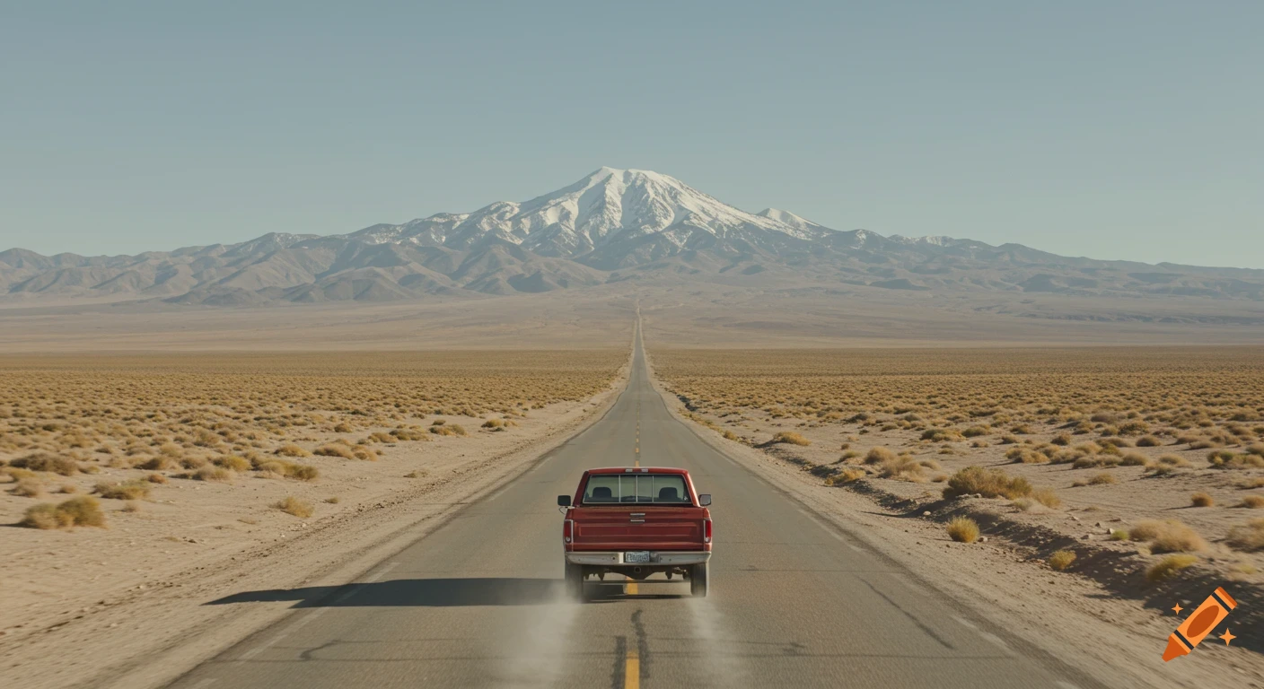 A red pickup truck drives down a long, straight desert road toward a large, snowy mountain.