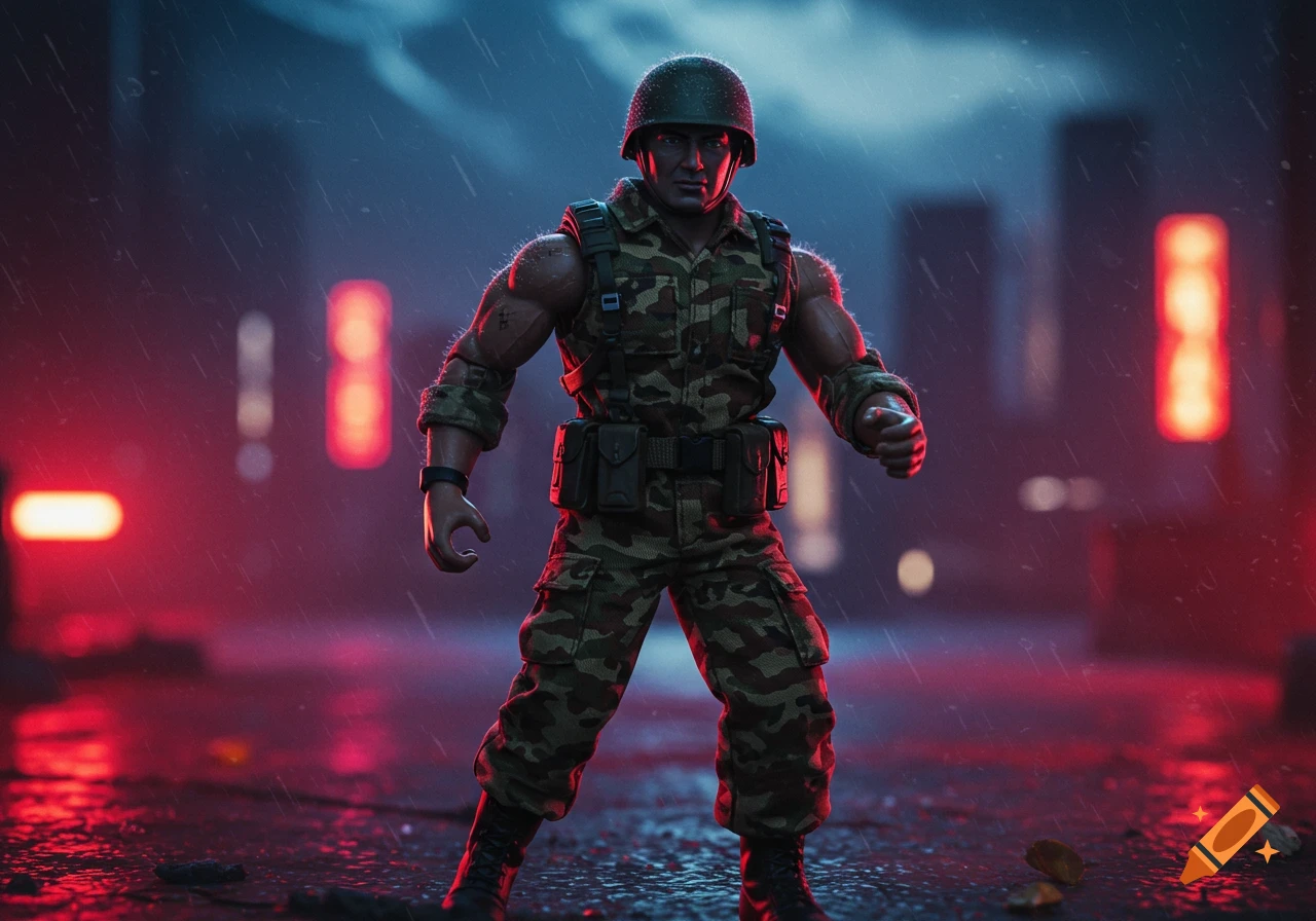 Action figure of a soldier in camouflage uniform standing in a rainy, neon-lit city street.