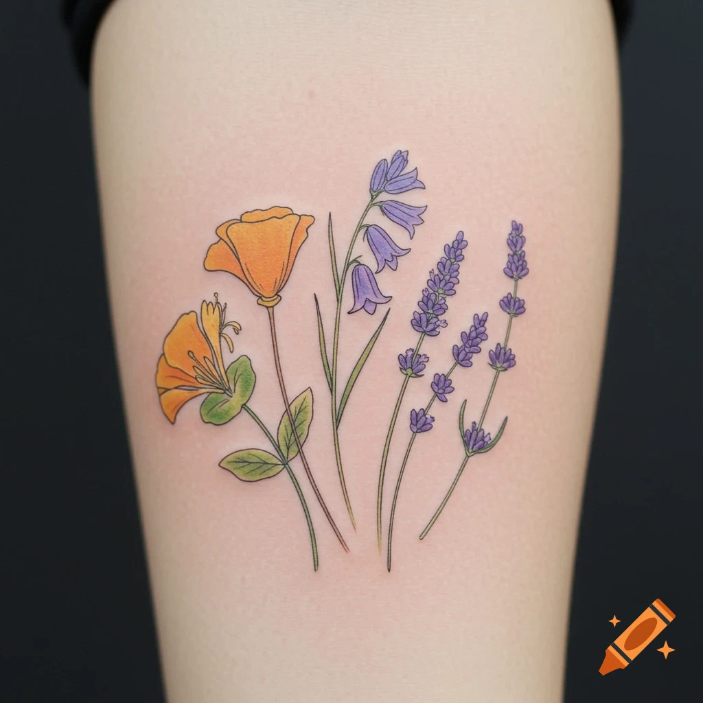 A small botanical tattoo of orange, yellow, blue, and purple flowers on skin.