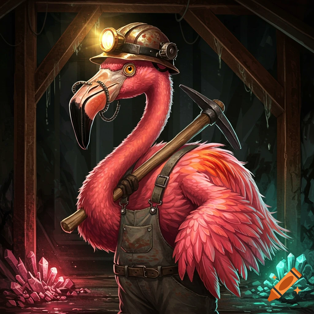 Illustration of a flamingo dressed in miner's overalls and helmet, holding a pickaxe in a mine with glowing crystals.